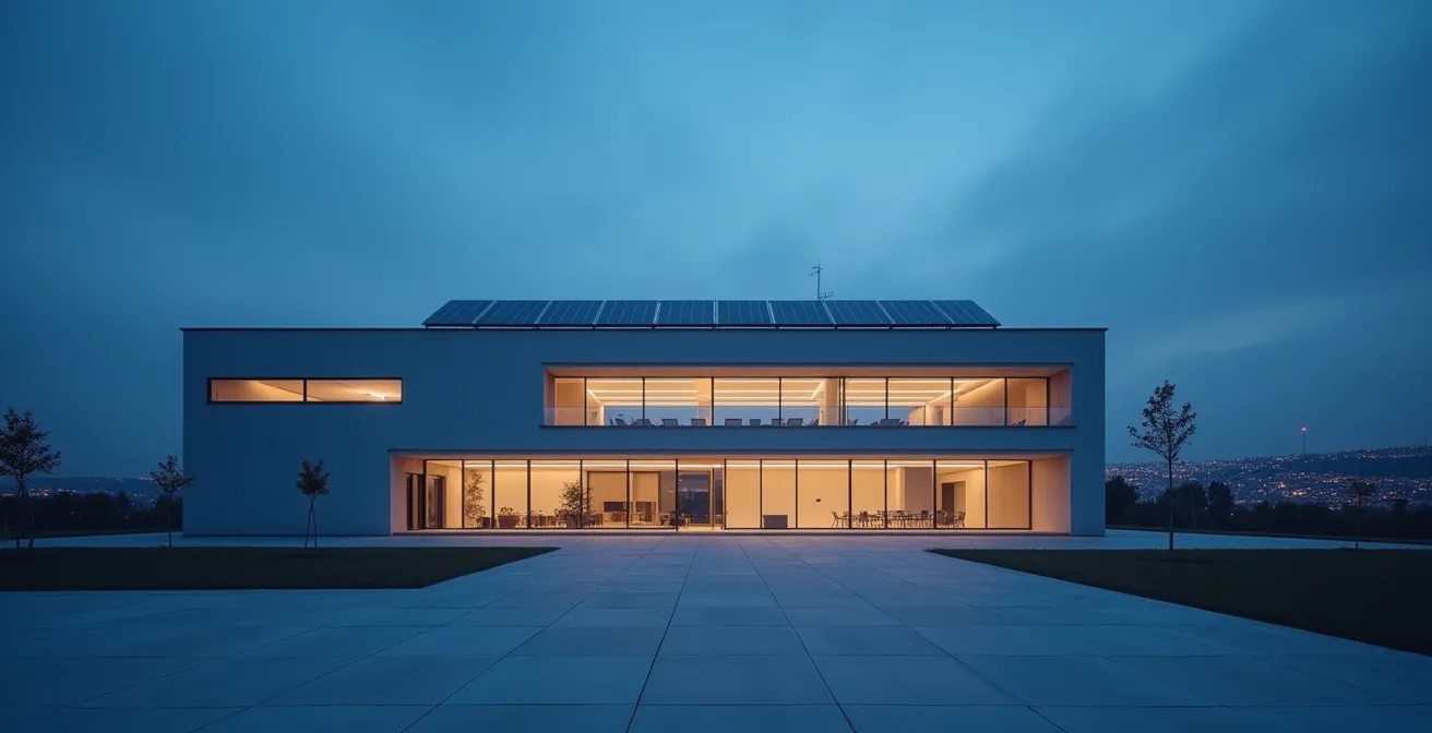 Vue large d'un centre de formation moderne avec des panneaux solaires sur le toit