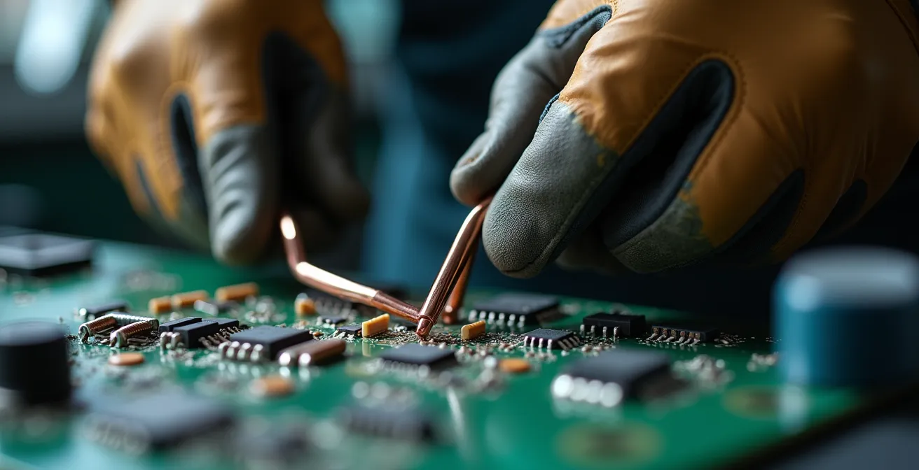 Gros plan sur des mains expertes manipulant des composants électriques complexes